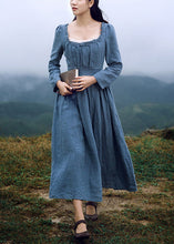 Load image into Gallery viewer, New Blue Square Collar Ruffled Linen Long Dresses Long Sleeve