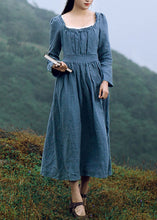 Load image into Gallery viewer, New Blue Square Collar Ruffled Linen Long Dresses Long Sleeve