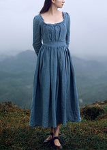 Load image into Gallery viewer, New Blue Square Collar Ruffled Linen Long Dresses Long Sleeve