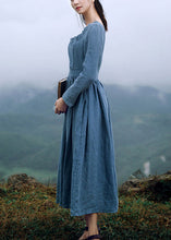 Load image into Gallery viewer, New Blue Square Collar Ruffled Linen Long Dresses Long Sleeve