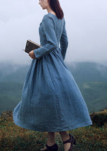 Load image into Gallery viewer, New Blue Square Collar Ruffled Linen Long Dresses Long Sleeve