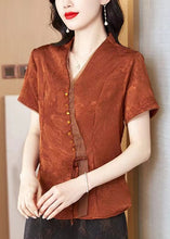 Load image into Gallery viewer, New Brick Red V Neck Print Silk Blouses Summer