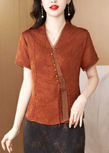 Load image into Gallery viewer, New Brick Red V Neck Print Silk Blouses Summer