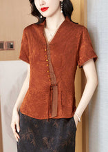 Load image into Gallery viewer, New Brick Red V Neck Print Silk Blouses Summer