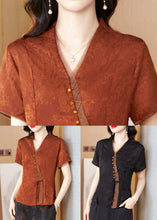 Load image into Gallery viewer, New Brick Red V Neck Print Silk Blouses Summer