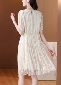 New Chinese Style Beige Embroidered Silk Dresses Summer