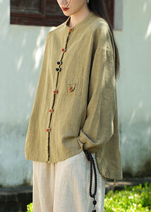 New Chinese Style Blackish Green Oriental Button Linen Coat Autumn