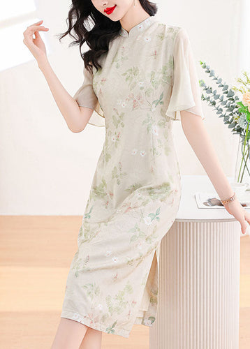 New Chinese Style Stand Collar Print Chiffon Dress Butterfly Sleeve