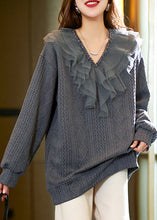 Load image into Gallery viewer, New Dark Gray Ruffled Nail Bead Patchwork Cotton Knit Tops Spring