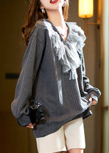 Load image into Gallery viewer, New Dark Gray Ruffled Nail Bead Patchwork Cotton Knit Tops Spring