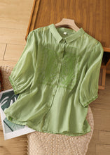 Load image into Gallery viewer, New Green Embroidered Button Linen Blouse Half Sleeve