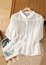 Load image into Gallery viewer, New Green Embroidered Button Linen Blouse Half Sleeve