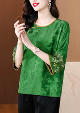 Load image into Gallery viewer, New Green Embroidered Button Print Silk Shirt Bracelet Sleeve