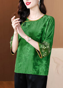 New Green Embroidered Button Print Silk Shirt Bracelet Sleeve