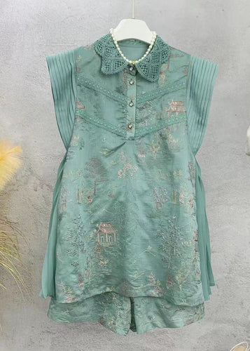 New Green Embroidered Tops And Shorts Cotton Sets 2 Pieces Sleeveless