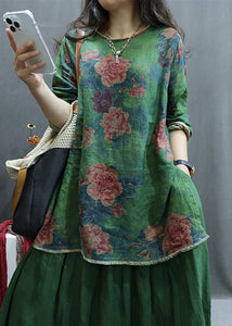 New Green Print Side Open Linen Blouse Spring