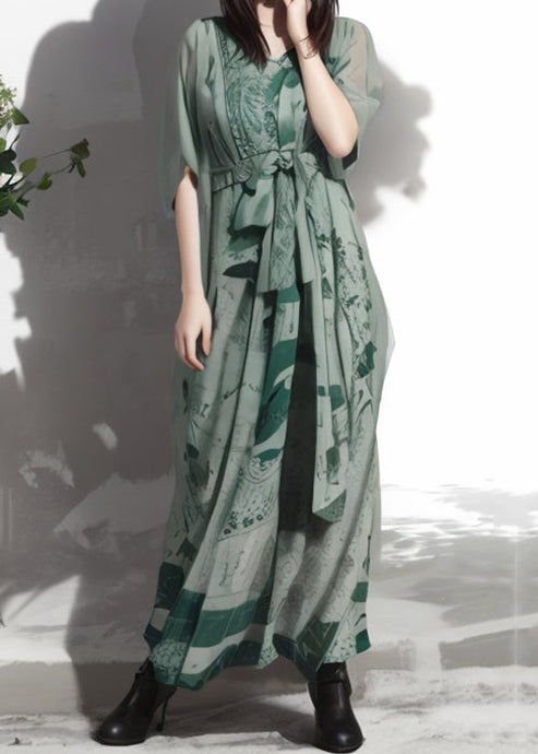 New Green V Neck Print Silk Maxi Dresses Summer