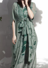 Load image into Gallery viewer, New Green V Neck Print Silk Maxi Dresses Summer