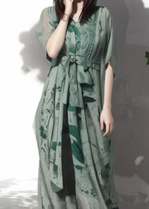 New Green V Neck Print Silk Maxi Dresses Summer