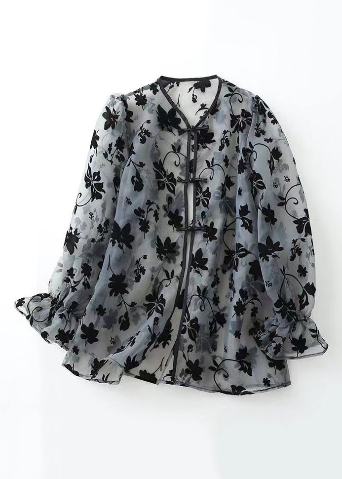 New Grey Button Print Tulle Blouses Flare Sleeve