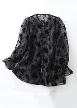 Load image into Gallery viewer, New Grey Button Print Tulle Blouses Flare Sleeve