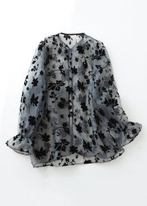 New Grey Button Print Tulle Blouses Flare Sleeve