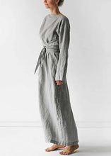 Load image into Gallery viewer, New Grey Solid Tie Waist Cotton Long Dress Long Sleeve