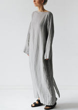 Load image into Gallery viewer, New Grey Solid Tie Waist Cotton Long Dress Long Sleeve