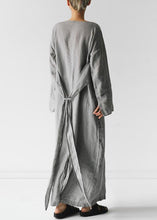 Load image into Gallery viewer, New Grey Solid Tie Waist Cotton Long Dress Long Sleeve