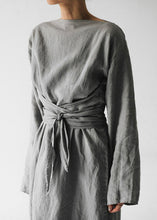 Load image into Gallery viewer, New Grey Solid Tie Waist Cotton Long Dress Long Sleeve