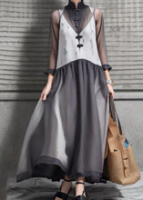 Load image into Gallery viewer, New Grey Stand Collar Button Patchwork Silk Maxi Dresses Long Sleeve