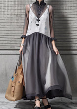 Load image into Gallery viewer, New Grey Stand Collar Button Patchwork Silk Maxi Dresses Long Sleeve