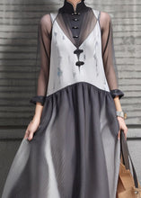 Load image into Gallery viewer, New Grey Stand Collar Button Patchwork Silk Maxi Dresses Long Sleeve