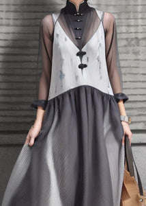 New Grey Stand Collar Button Patchwork Silk Maxi Dresses Long Sleeve