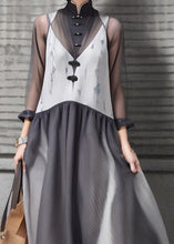 Load image into Gallery viewer, New Grey Stand Collar Button Patchwork Silk Maxi Dresses Long Sleeve