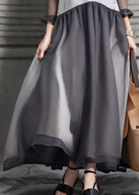 Load image into Gallery viewer, New Grey Stand Collar Button Patchwork Silk Maxi Dresses Long Sleeve