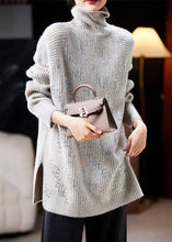 Load image into Gallery viewer, New Grey Turtleneck Zircon Side Open Knit Sweaters Long Sleeve