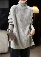 Load image into Gallery viewer, New Grey Turtleneck Zircon Side Open Knit Sweaters Long Sleeve