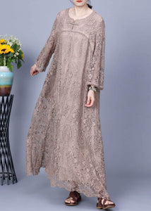 New Khaki Button Pockets Patchwork Lace Dresses Long Sleeve