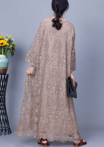 New Khaki Button Pockets Patchwork Lace Dresses Long Sleeve