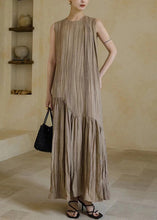 Load image into Gallery viewer, New Khaki Solid Wrinkled Patchwork Cotton Long Dresses Sleeveless