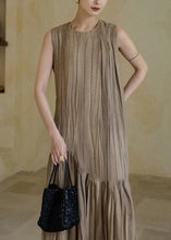 Load image into Gallery viewer, New Khaki Solid Wrinkled Patchwork Cotton Long Dresses Sleeveless