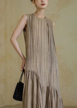 Load image into Gallery viewer, New Khaki Solid Wrinkled Patchwork Cotton Long Dresses Sleeveless