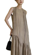 Load image into Gallery viewer, New Khaki Solid Wrinkled Patchwork Cotton Long Dresses Sleeveless