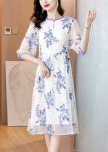 Load image into Gallery viewer, New Light Blue Ruffled Print Drawstring Chiffon Dresses Summer