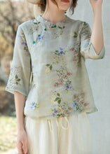 Load image into Gallery viewer, New Light Green Button Print Linen Blouses Half Sleeve