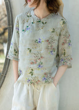 Load image into Gallery viewer, New Light Green Button Print Linen Blouses Half Sleeve