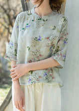 Load image into Gallery viewer, New Light Green Button Print Linen Blouses Half Sleeve