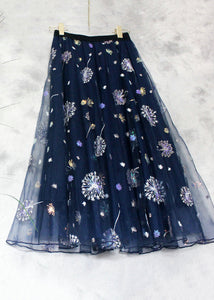 New Navy Embroidered Sequins High Waist Tulle Skirts Summer