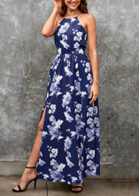 Load image into Gallery viewer, New Navy Side Open Print Cotton Maxi Dresses Summer